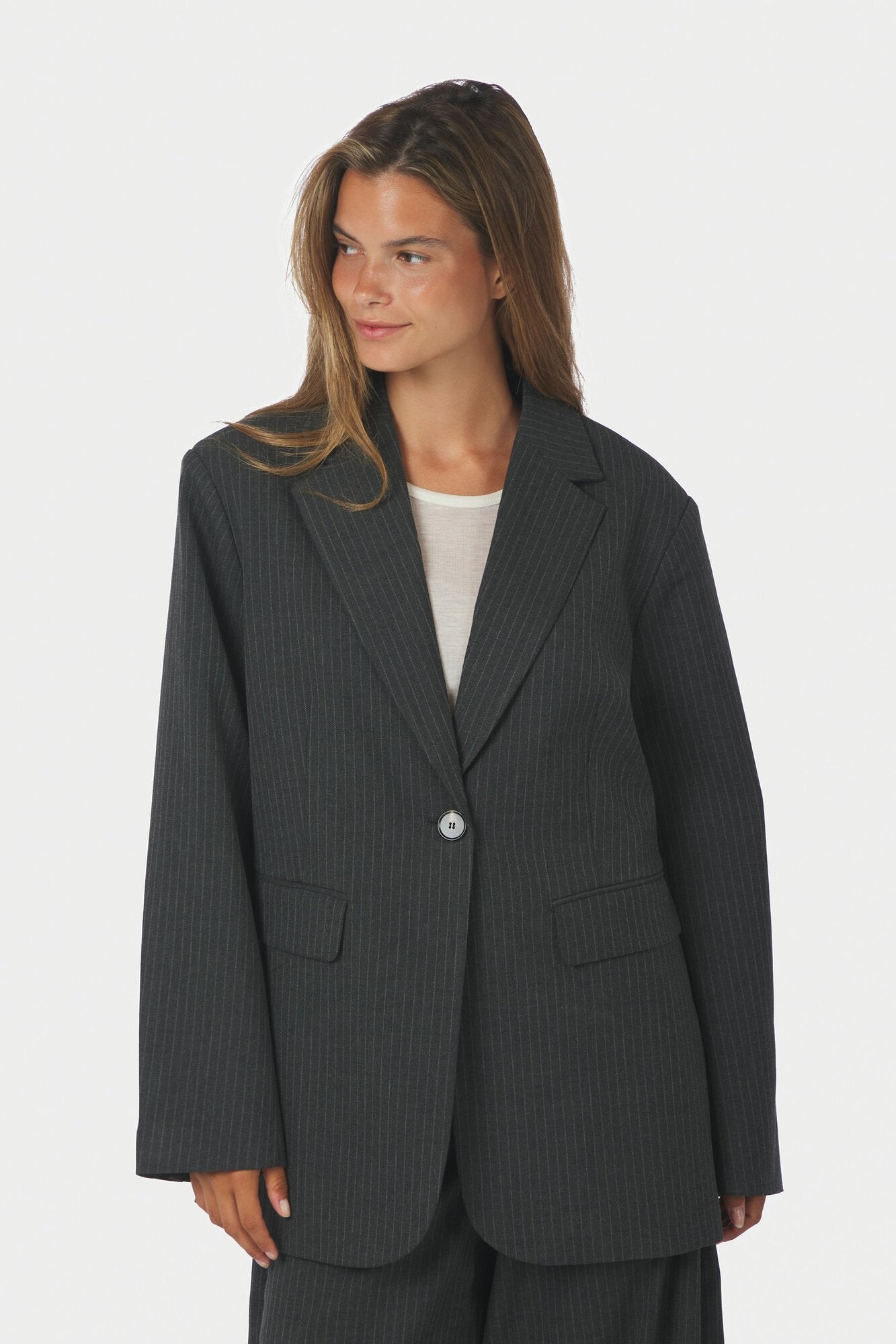 Aarielle Slim Pinstripe blazer – Dark Grey Melange